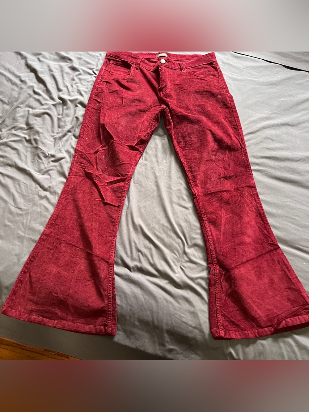 Run & Fly Men’s 70s Retro Bell Bottom deep red corduroy pants with some stretch